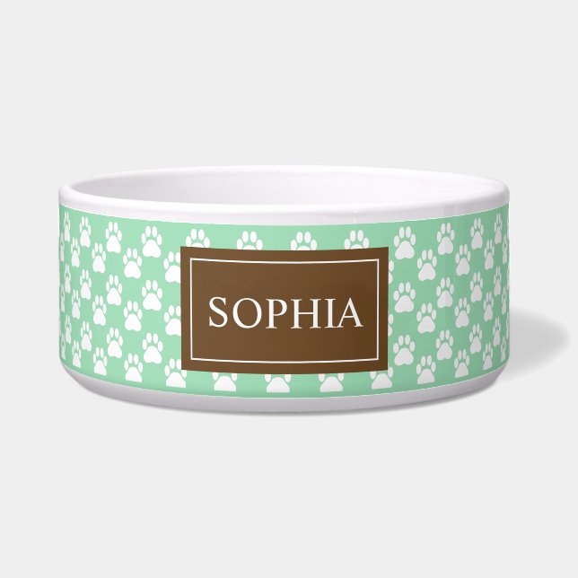 Écuelle Pattes de chien marron et vert menthe avec le nom  (Devant)