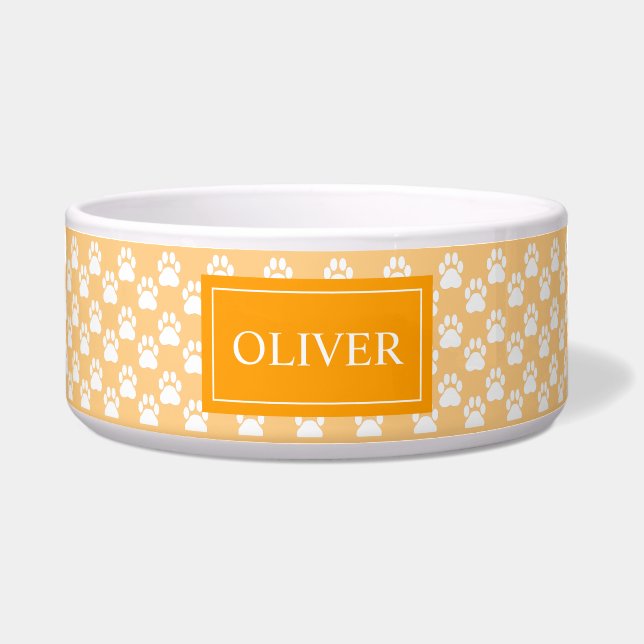 Écuelle Pattes de chien orange et blanc avec nom de l'anim (Devant)