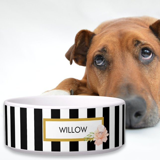 Écuelle Personnalisé rayé or noir et blanc (Personalized Gold Black and White Striped Bowl)