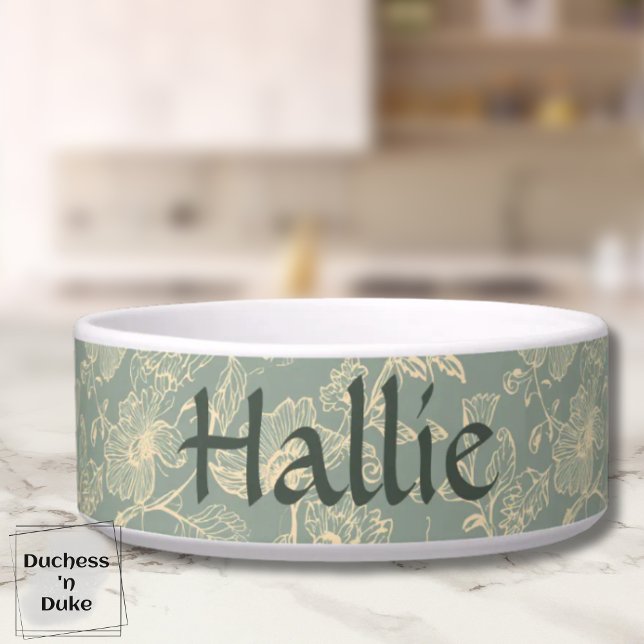 Écuelle Pet Bowl - Sage Green Botanical, Personalized  (Personalized Sage Green Botanical Pet Bowl on marble table top)