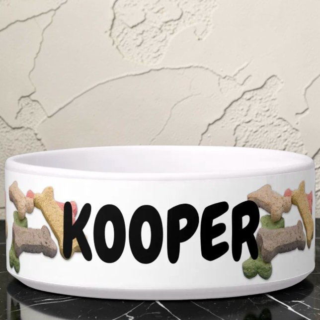Écuelle Photographie de friandises multicolores pour chien (Custom dog bone pattern ceramic pet bowl.)