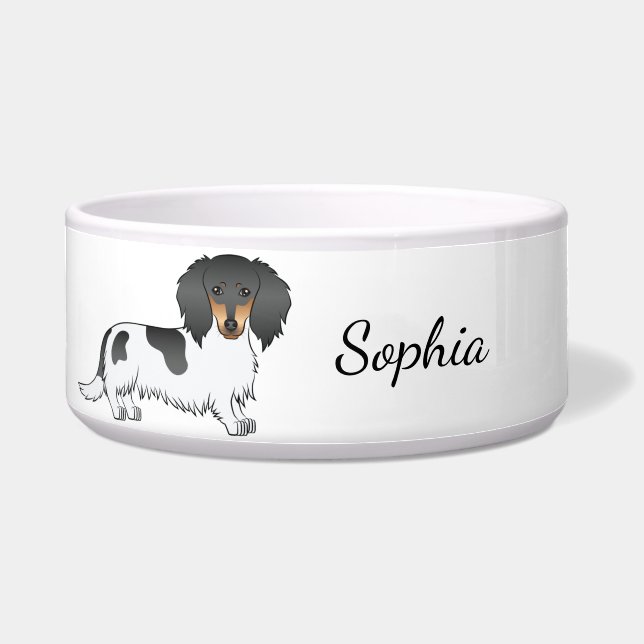 Écuelle Piebald Noir Et Tan Cheveux Long Dachshund & Nom (Devant)