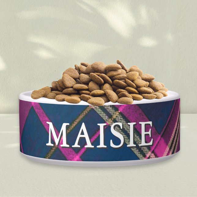 Écuelle Pink and Navy Tartan Plaid Personalized Pet Dog (A stylish, personalized dog bowl, with tartan plaid pattern in pink, blue and golden tones)