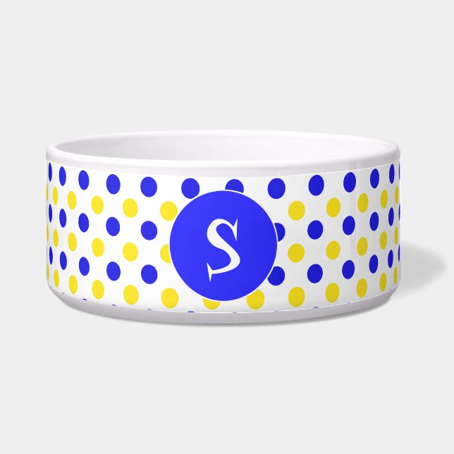Écuelle Pois jaunes et bleus Monogramme Pet Bowl (Devant)