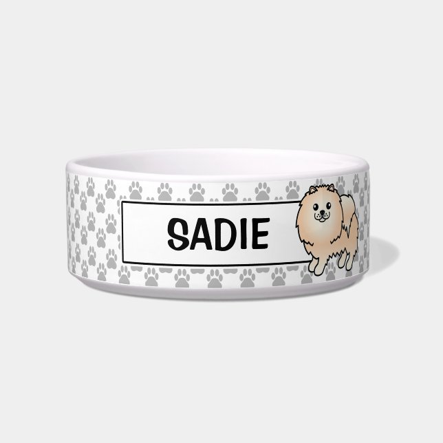 Écuelle Pomeranian crème et nom de chien personnalisable (Devant)