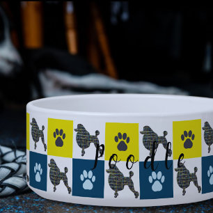 Écuelle Poodle Chien & Paw Yellow & Blue Grid Chien Bowl
