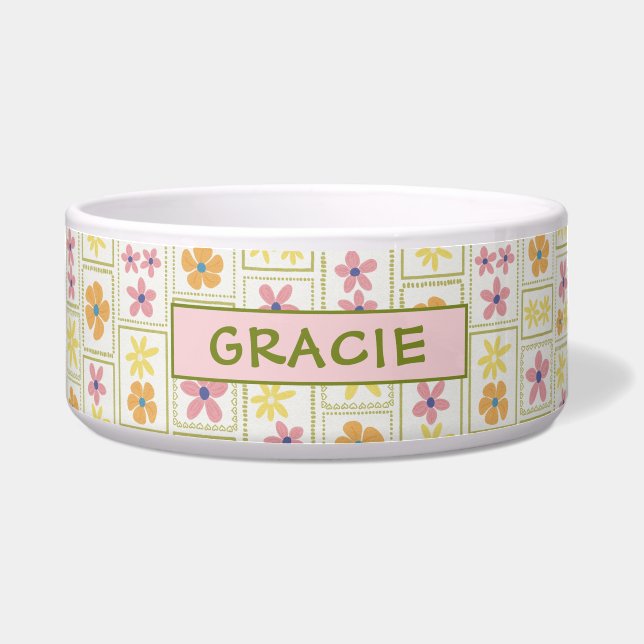 Écuelle Rétro Crème Patchwork Floral Chien Grand Taille Pe (Devant)