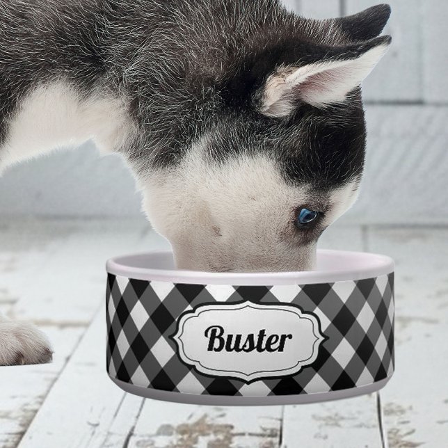 Écuelle Retro Cute Black & White Gingham Check pet bowl  (personalized black and white gingham check bowl for good)