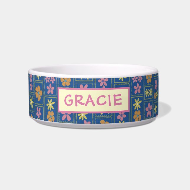 Écuelle Rétro Fleur Bleu Patchwork Chien Moyen Personnalis (Devant)