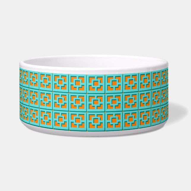 Écuelle Retro Turquoise & Orange Trellis Ceramic Pet Bowl (Devant)