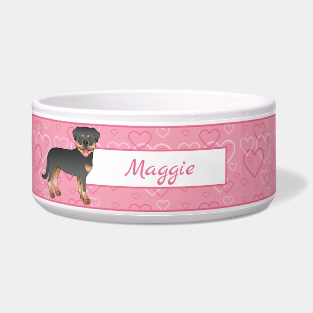 Écuelle Rottweiler noir et feu sur coeurs roses et nom (Devant)