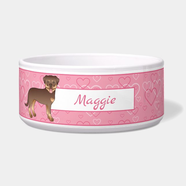Écuelle Rottweiler rouge et fauve sur cœurs roses & nom (Devant)
