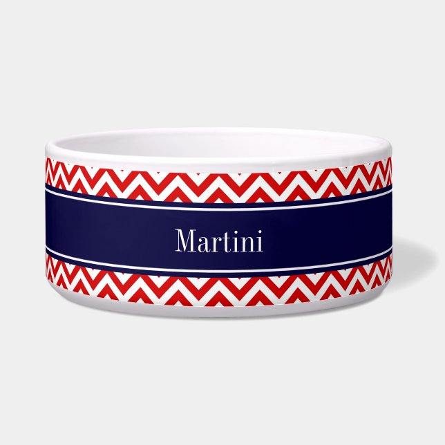 Écuelle Rouge Blanc LG Chevron Marine Nom bleu Monogramme (Devant)