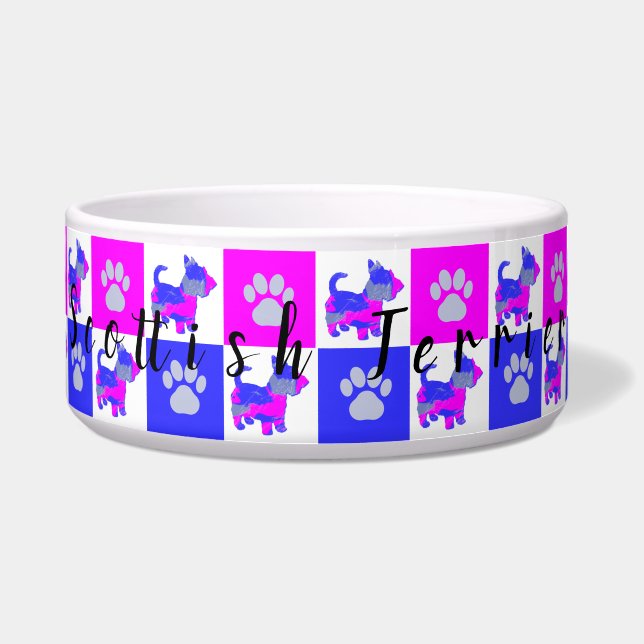 Écuelle Scottish Terrier Dog & Paw Hot Pink & Blue Pet Bow (Devant)