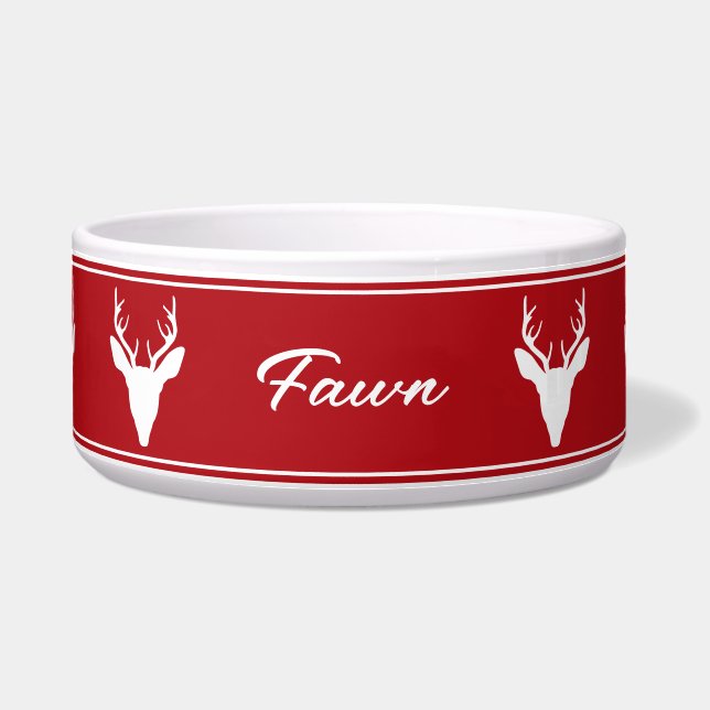 Écuelle Silhouette de tête de cerf blanc sur fond rouge av (Devant)