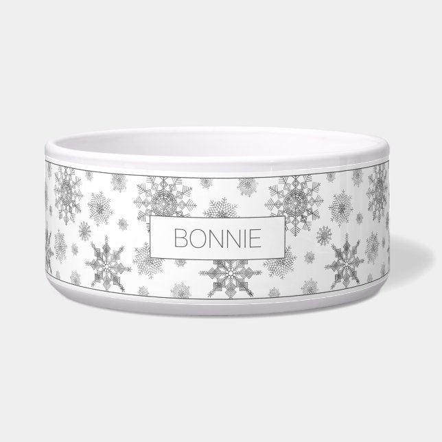 Écuelle Silver Grey Snowflakes Motif & Custom Pet Name (Devant)