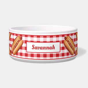 Écuelle Snacks Hot Dog sur Gingham Rouge et Texte Personna