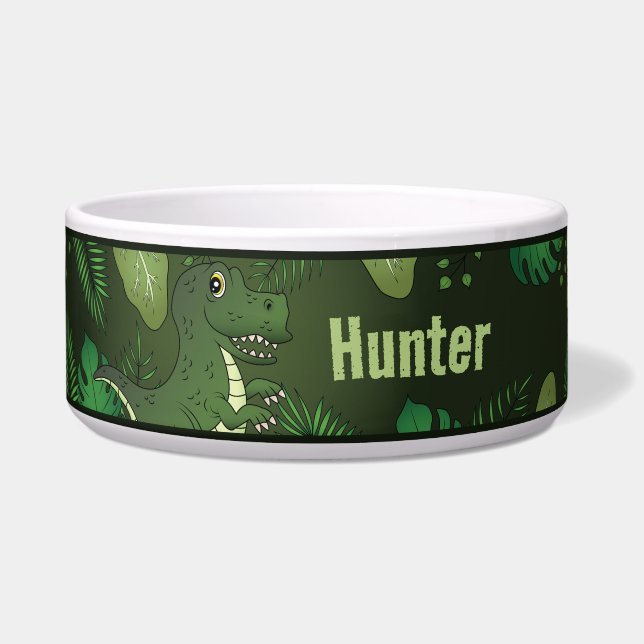 Écuelle T-rex Avec Plantes Tropicaux Vert Et Nom Personnal (Devant)