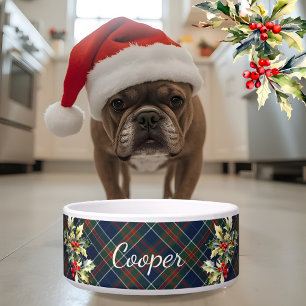 Écuelle Tartan bleu Plaid Christmas Holly Nom chien