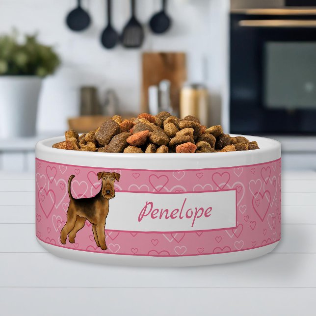 Écuelle Tervueren Airedale aux cœurs roses et nom de compa (Please note: This image is a digital mockup. The product may not be in scale.)