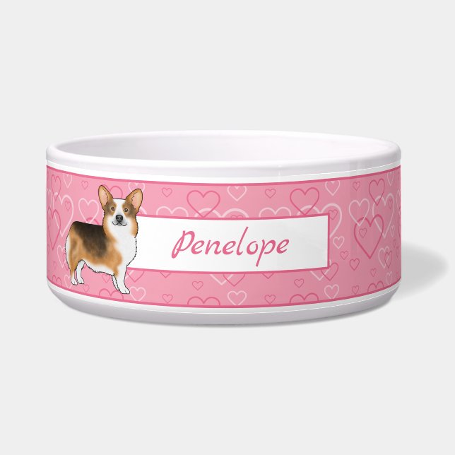Écuelle Tête rousse Tri Pembroke Welsh Corgi Cœurs & Nom (Devant)