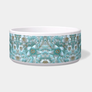 Écuelle Turquoise Blanc Floral céramique Pet Bowl