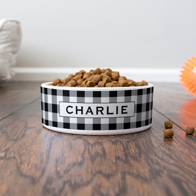 Écuelle Vérification de Gingham Noir Monogramme Nom de l'a (Créateur téléchargé)