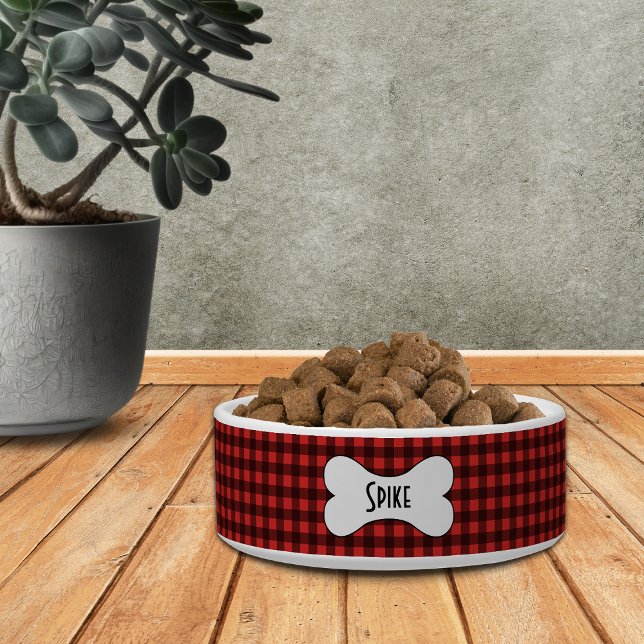 Écuelle Vichy Buffalo noir et rouge avec nom dans un os de (Créateur téléchargé)