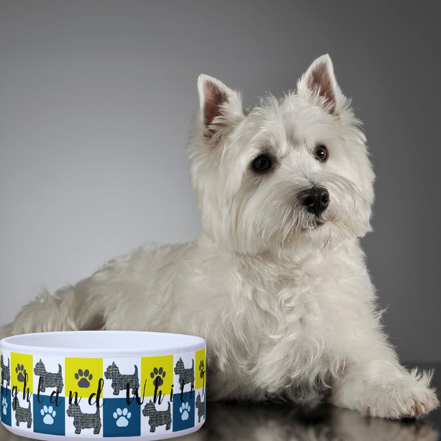 Écuelle Westie Chien & Paw Yellow & Blue Grid Chien Bowl (West Highland White Terrier Westie dog bowl)