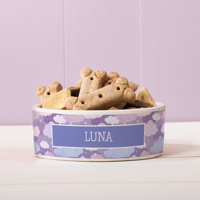 Écuelle Whimsical Pastel Clouds et étoiles Motif (Whimsical Purple Sky & Clouds Pattern Dog Bowl)