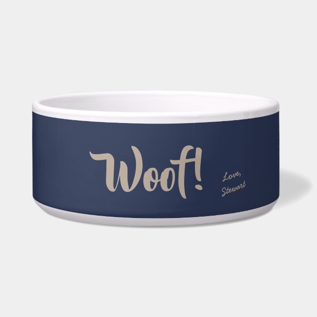 Écuelle Woof Cute Tan Text Marine Blue Personnalisé Animau (Devant)