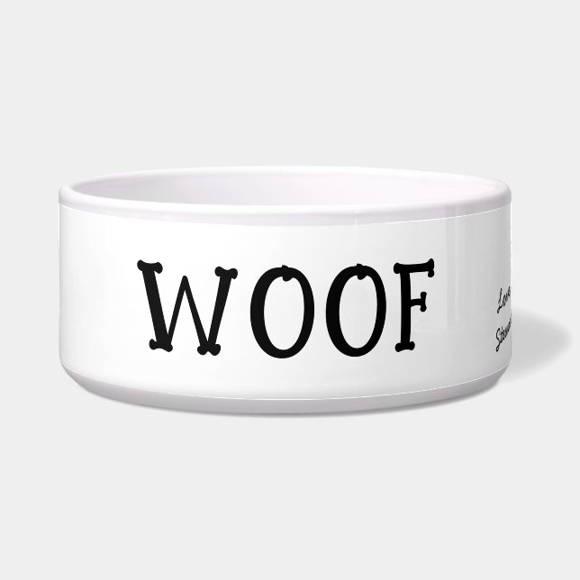 Écuelle Woof Cute Text Noir & Blanc Personnalisé Animaux (Devant)