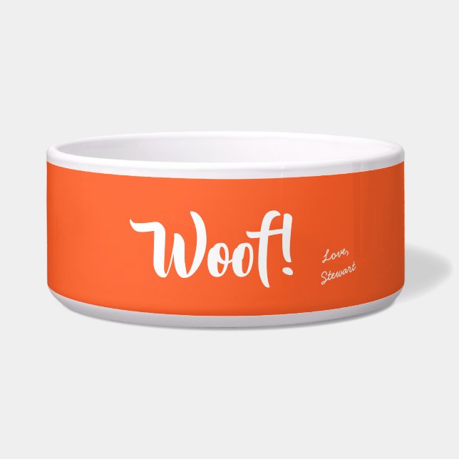 Écuelle Woof Cute Text Orange & Blanc Personnalisé Animaux (Devant)