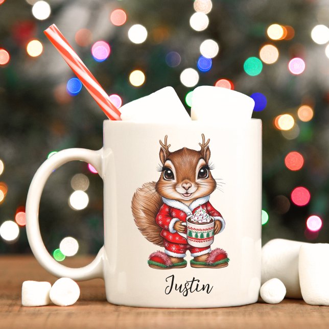 Écureuil de Noël personnalisé Enfants Mug (Squirrel reindeer Christmas cocoa mug. )