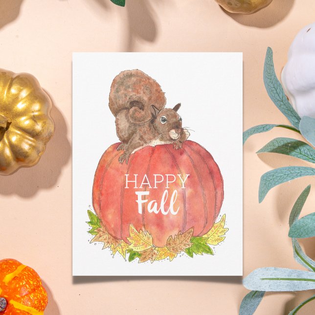 Écureuil joyeux d'automne sur une carte postale de (Happy Fall Watercolor Postcard)