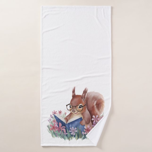 Écureuil Lit Un Livre, Niché Dans Des Fleurs (Serviette de bain)