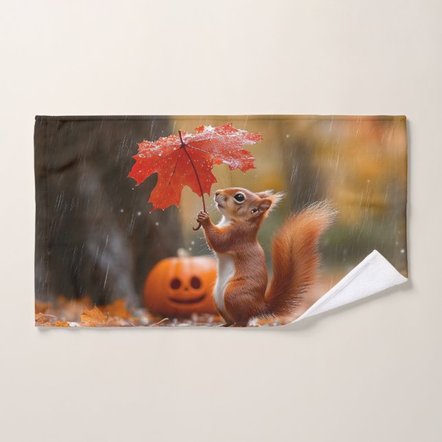 Écureuil mignon avec parapluie à feuilles - Pluie  (Serviette à main)