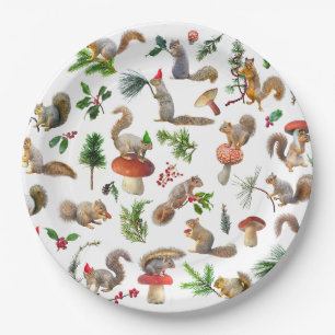 Écureuils Assiettes en Papier Rouges et Vertes