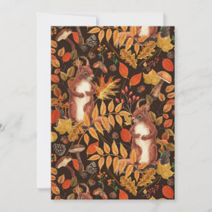 Écureuils automnaux et flore sur brun foncé