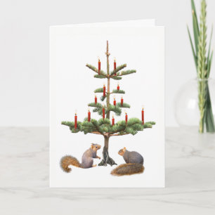 Écureuils Rouges Bougies Arbre Carte de Noël