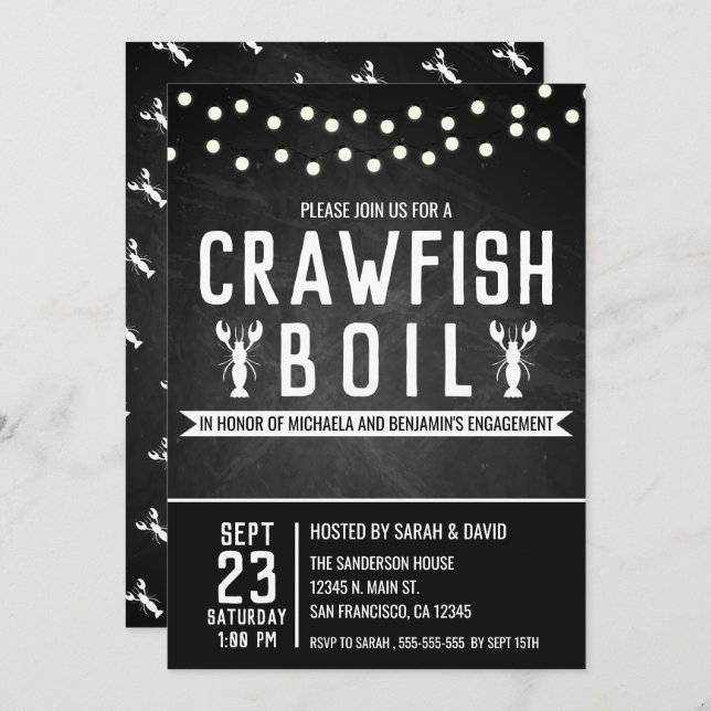 Écuve Crawfish Boil Cajun Engagement Party Invitat (Devant / Derrière)