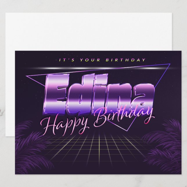Edina prénom carte rétro lilas anniversaire (Devant / Derrière)