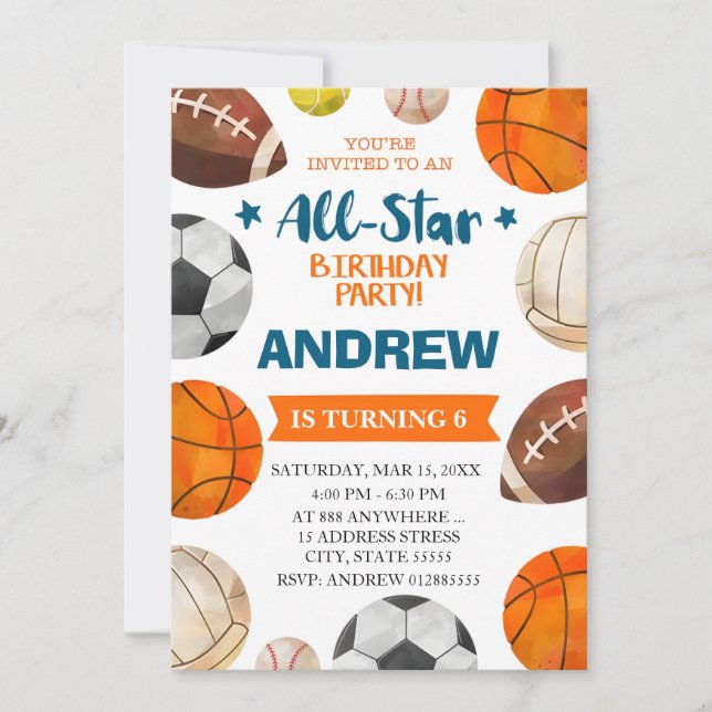 Editable All Star Sports Invitation Anniversaire (Devant)