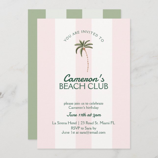 Editable Beach Club Cabana Invitation Anniversaire (Devant / Derrière)