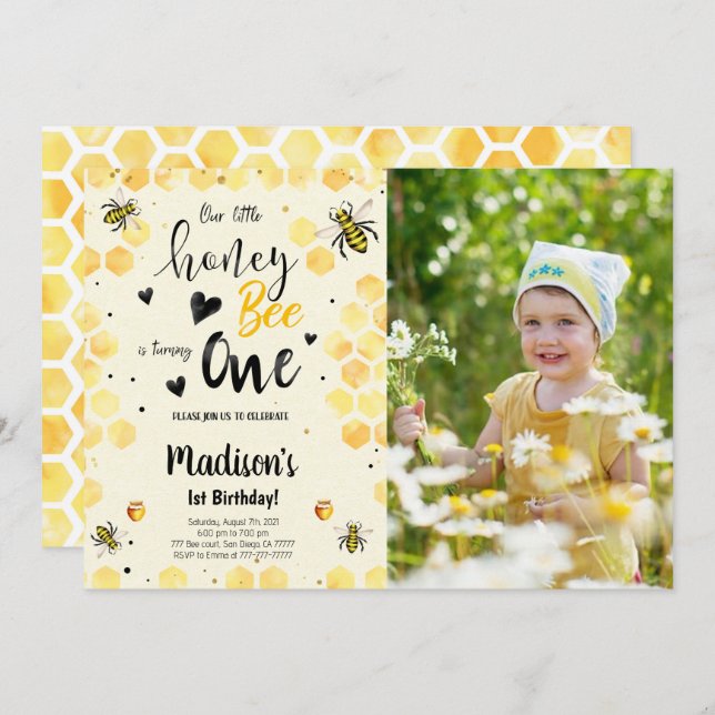 Editable Bee Birthday Photo Invitation (Devant / Derrière)