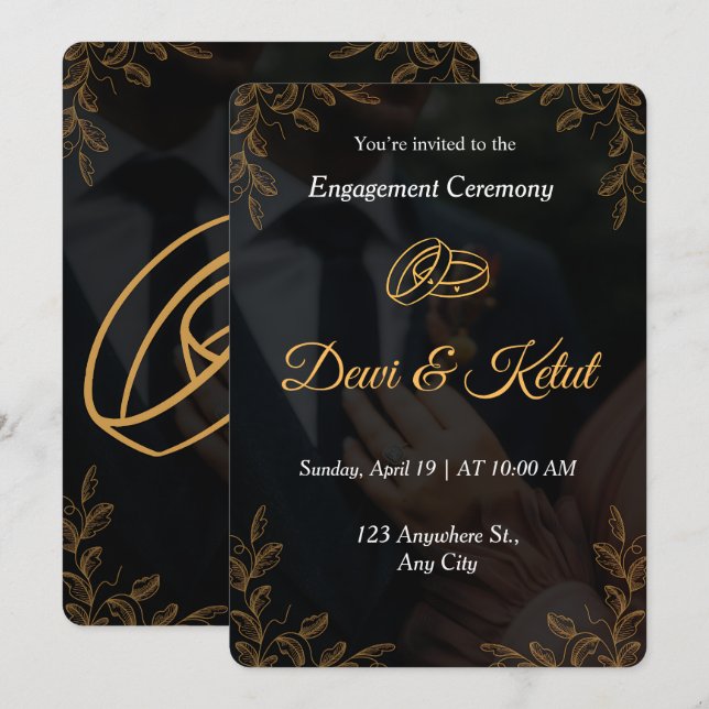 Editable Black Gold Engagement Invitation Template (Devant / Derrière)