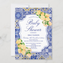 Editable Blue Tiles Lemons Invitation