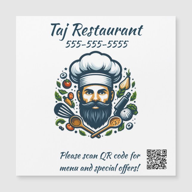 Editable Chef Restaurant QR Code Magnet (Devant)