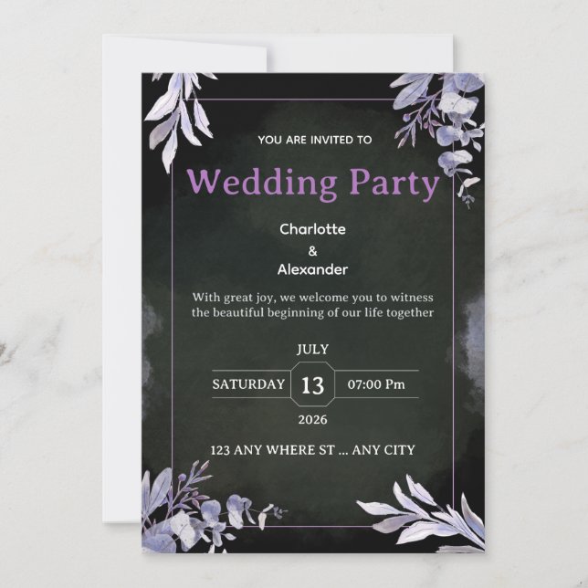 Editable Dark Botanical Wedding Invitation (Devant)