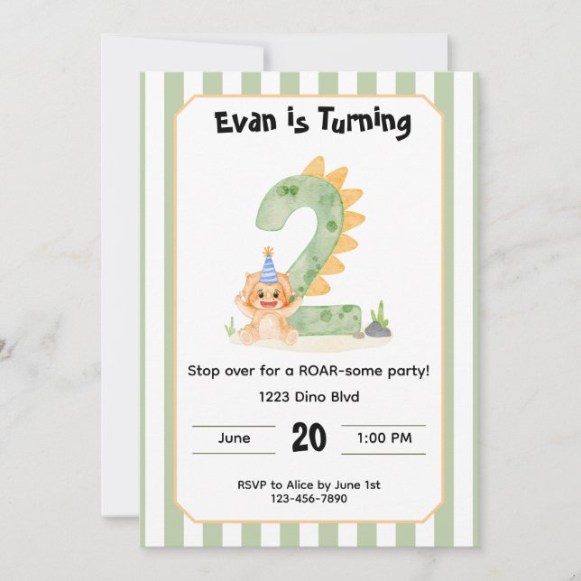 Editable Dinosaur 2nd Birthday Invitation  (Devant)